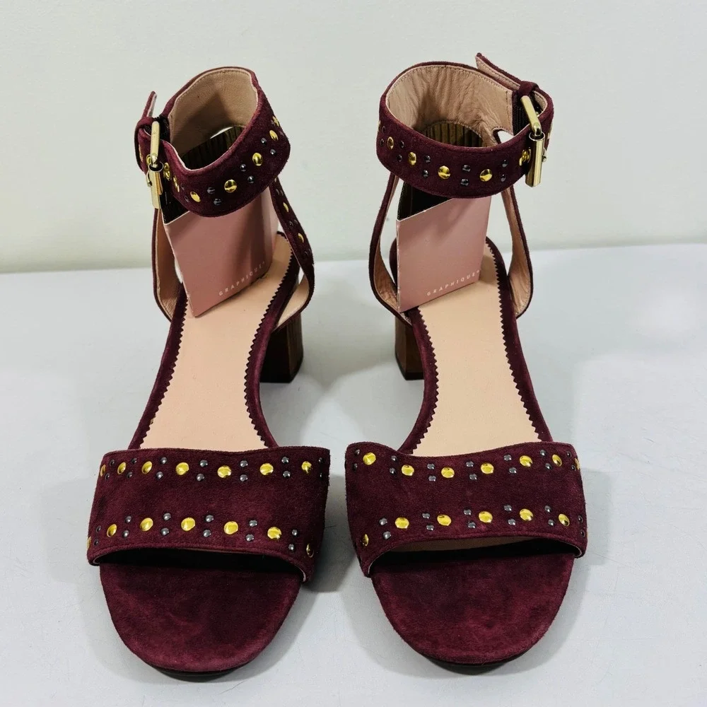J. Crew Women's Penny Sandals in Gold & Violet Studded Burgundy Suede Women's 8